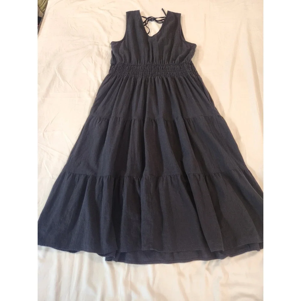 The Get Women's Black V Neck & Open Tie Back Sleeveless Maxi Tier Dress Size XL‎
